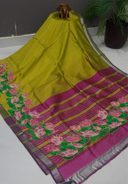 Pure Mangalgiri Silk Saree-Mehandi Green with Aplique Work