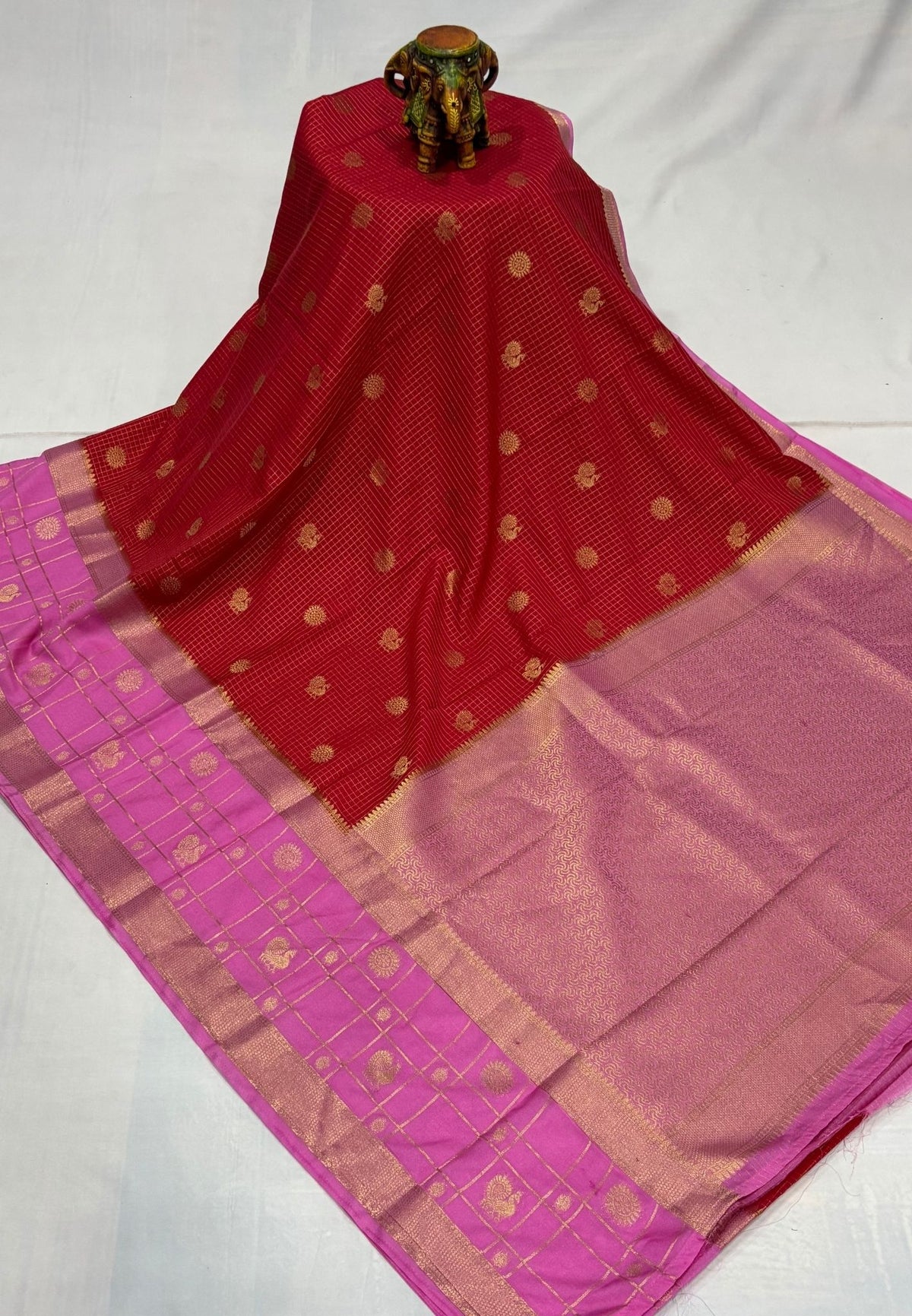 Art Mysore Silk Saree-Red in Checkered Pattern with Contrast Border