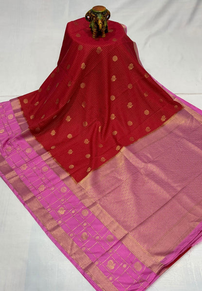 Art Mysore Silk Saree-Red in Checkered Pattern with Contrast Border