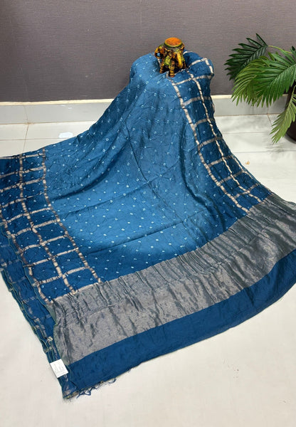 Banarasi Bandeji Saree-Peacock Blue in Checked Zari Border