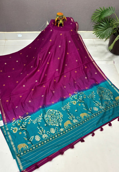 Gaji Silk Saree-Wine In Warli Tree & Elephant With Contrast Border