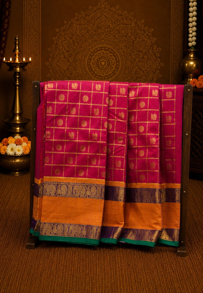 Chettinad Cotton Saree-Rani Pink in Mayil Chakram Zari Checks with Retapett Border