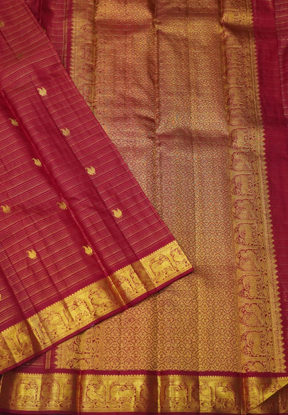 Pure Kanchipuram Silk Saree-Red Vairaoosi with Peacock Butta and Border