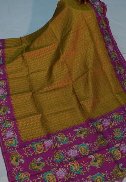 Premium Tussar Saree-Mehandi Green with Contrast Mayil Border