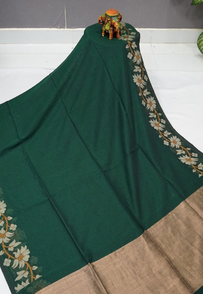 Handloom Cotton Saree-Green Lotus Jamdhani Border