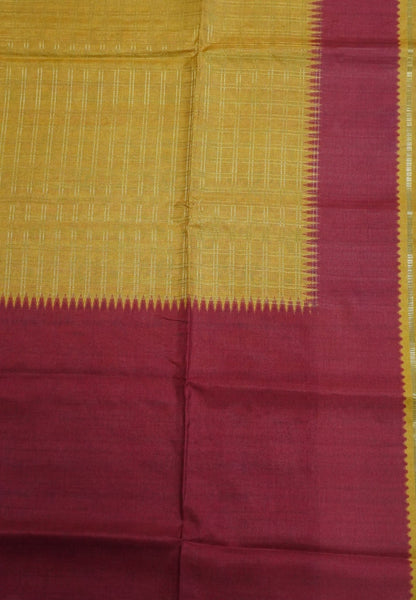 Semi Matka Tussar Saree-Yellow with Contrast Border and Zari Checks