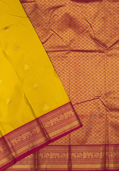 Budget Kanchipuram Saree-Mango Yellow In Gaja Floral Zari With Contrast Border