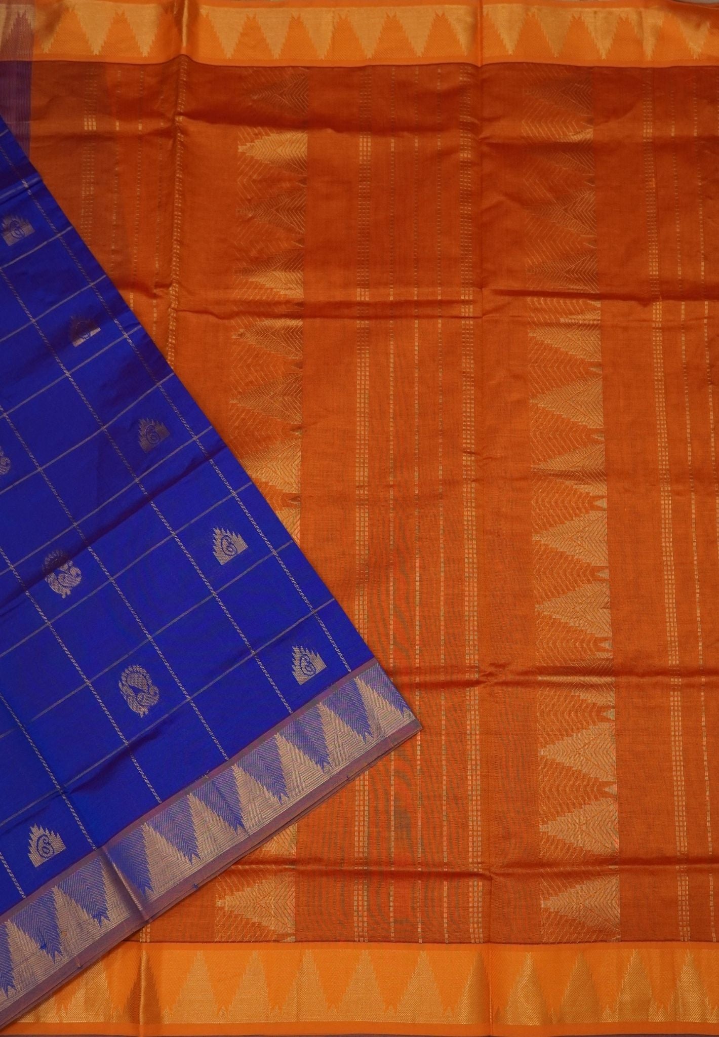 Silk Cotton Saree – Blue with Contrast Temple Border