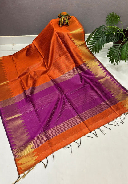 Semi Raw Silk Saree-Orange In Zigzag Zari With Contrast Border
