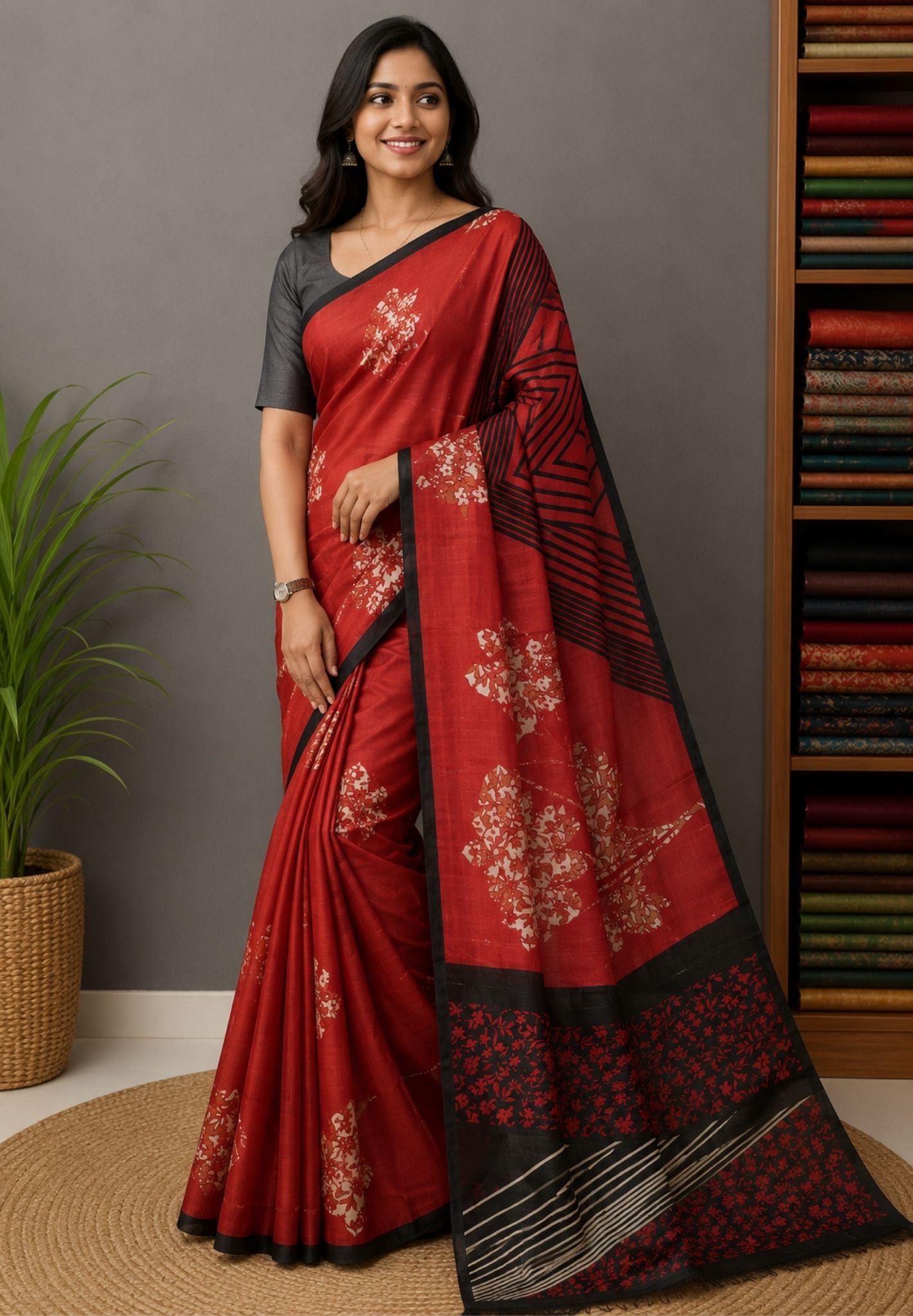 Pure Tussar Saree-Red with Block Print