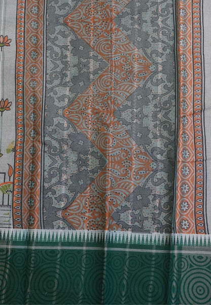 Pure Cotton Saree-Cream with Dark Green in Lotus Breeze