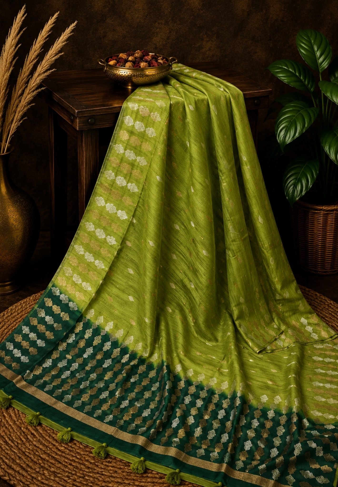 Semi  Tussar Saree - LT Green