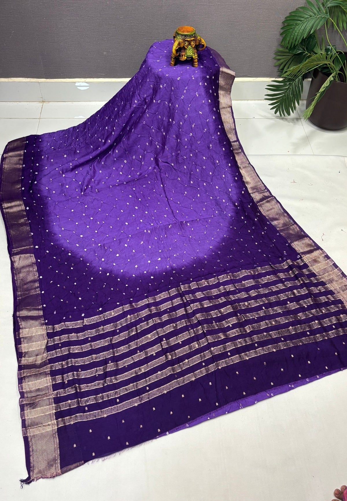 Banarasi Bandeji Saree-Violet in Horizontal Stripe Zari Border