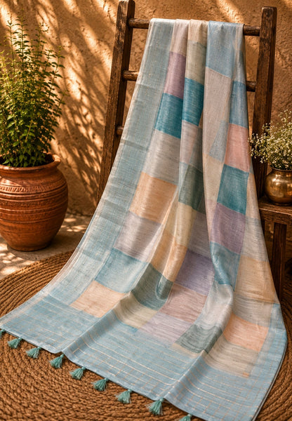 Tussar Saree-Pastle Shade checkered Pattern