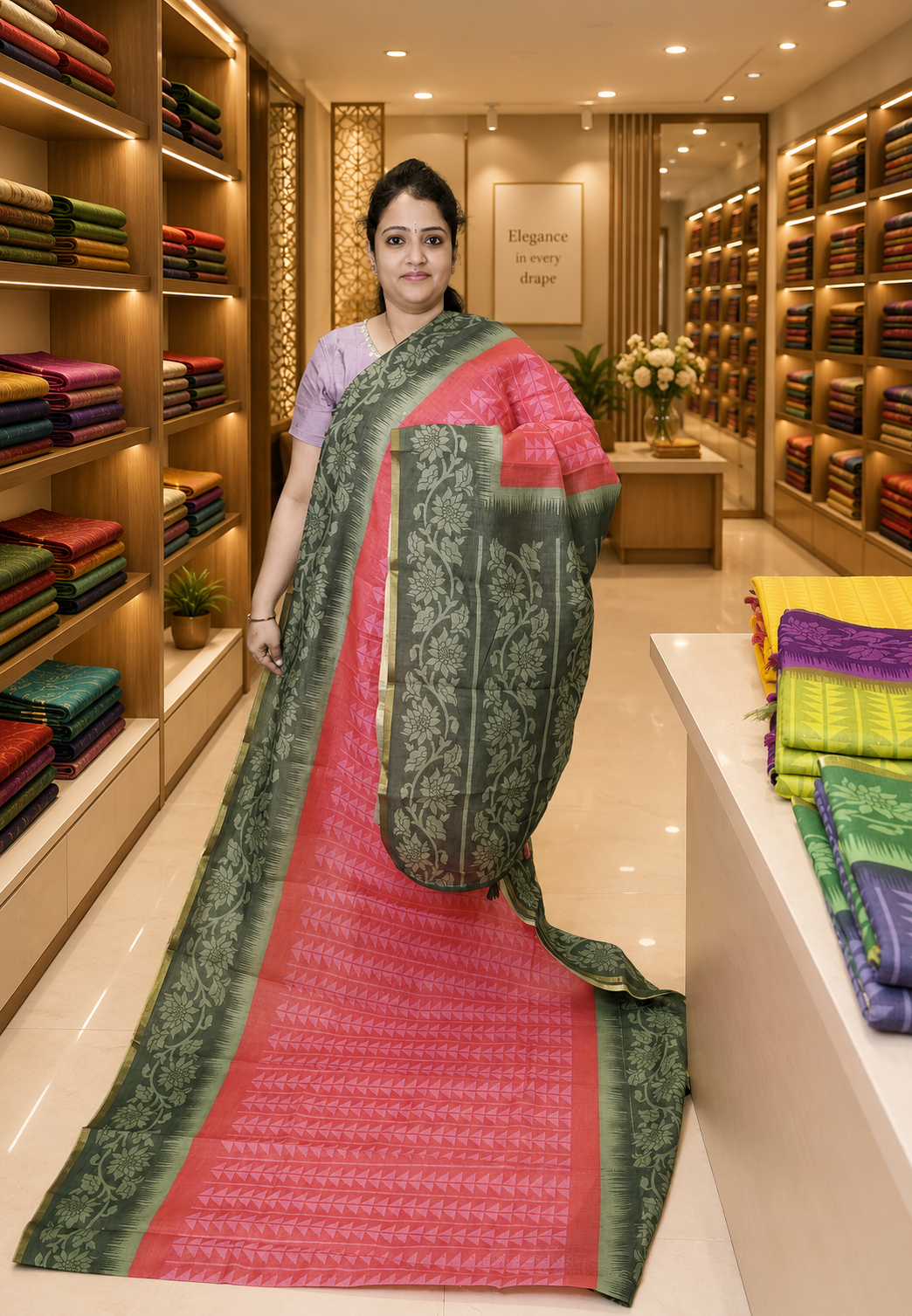 Linen Saree-Pink-Green with Abstract Pattern