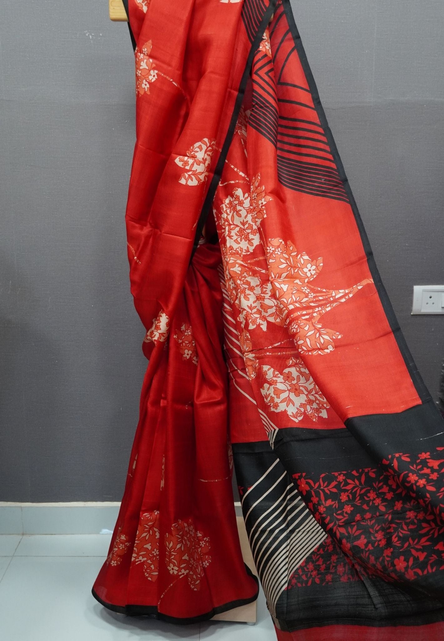 Pure Tussar Saree-Red with Block Print