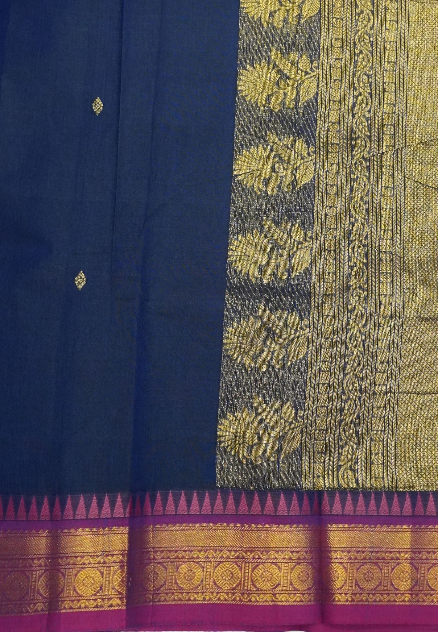 Chettinadu Cotton Saree-Navy Blue with Contrast Magenta Zari Border