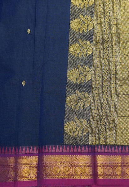 Chettinadu Cotton Saree-Navy Blue with Contrast Magenta Zari Border