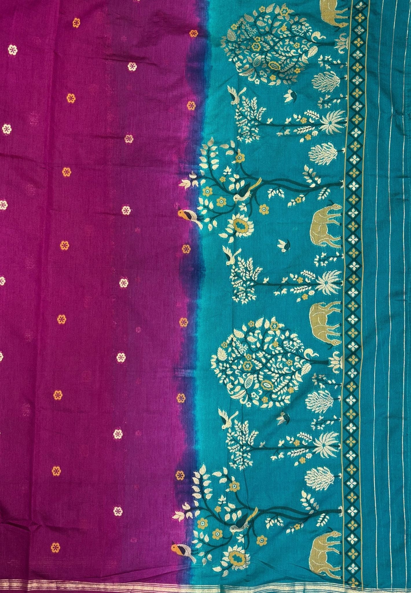 Gaji Silk Saree-Wine In Warli Tree & Elephant With Contrast Border
