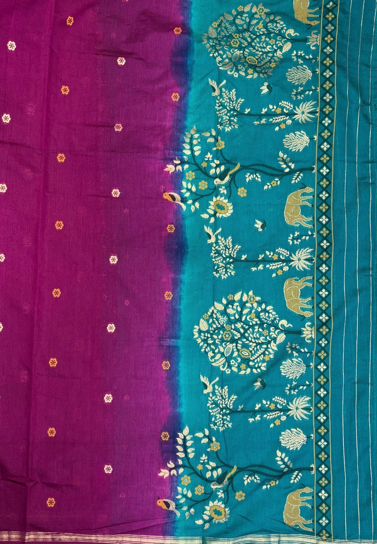 Gaji Silk Saree-Wine In Warli Tree & Elephant With Contrast Border