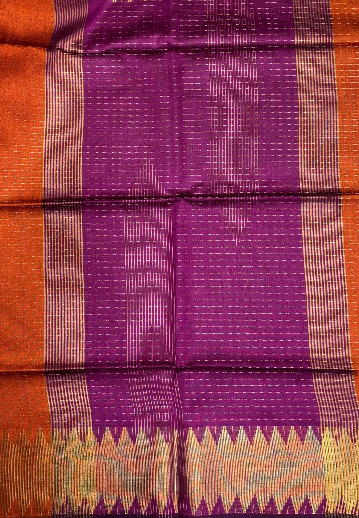 Semi Raw Silk Saree-Orange In Zigzag Zari With Contrast Border