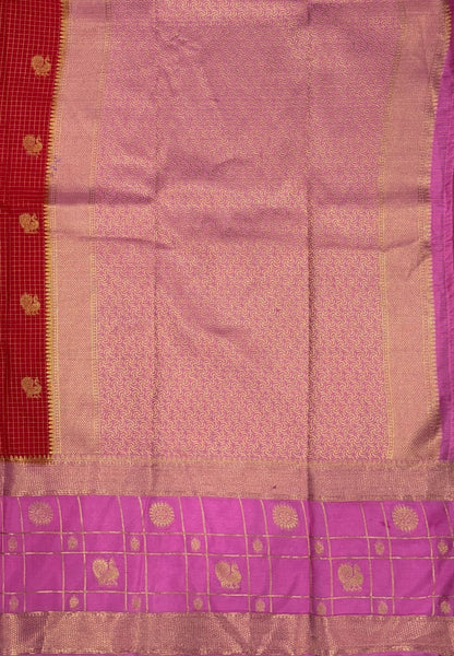 Art Mysore Silk Saree-Red in Checkered Pattern with Contrast Border