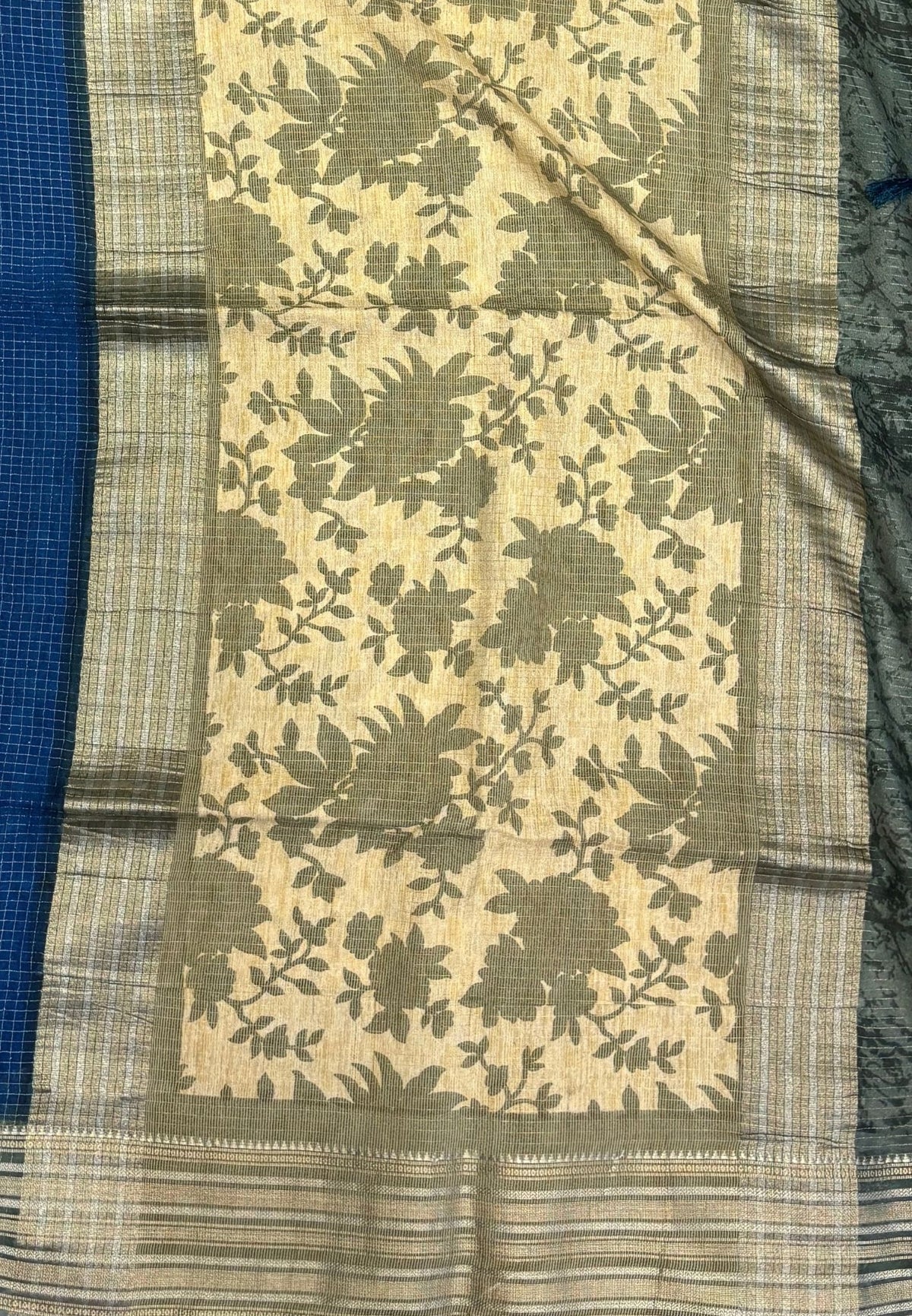 Muslin Tussar Saree-Blue In Floral Vine Border
