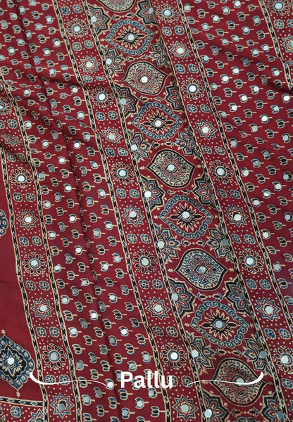 Pure Modal Silk Saree-Original Mirror Work &Traditional Printed Motifs - Red