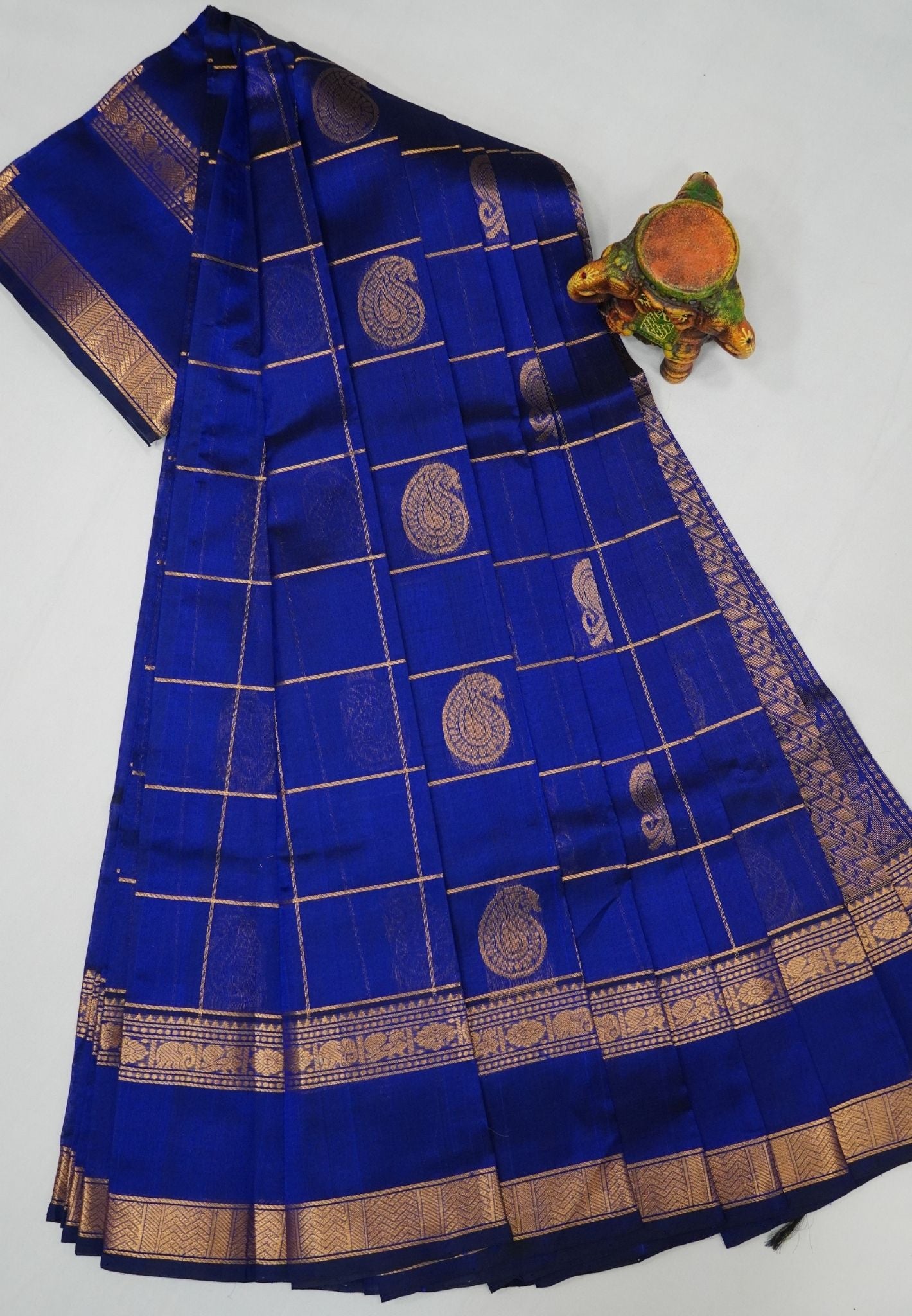 Pure Silk Cotton Saree-Royal Blue Checks with Paisley Motifs