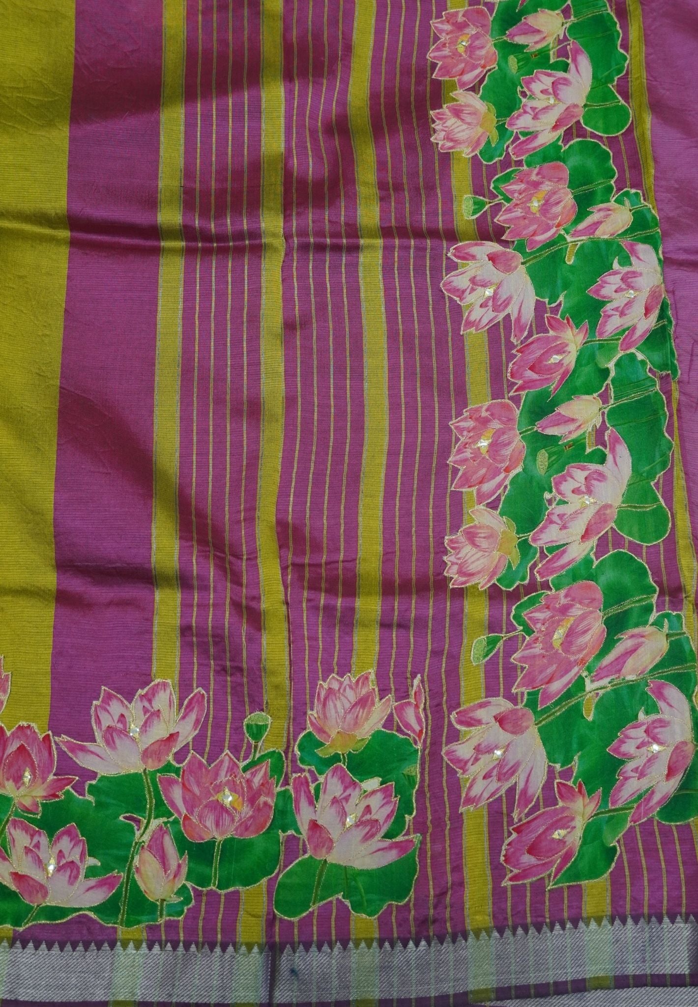 Pure Mangalgiri Silk Saree-Mehandi Green with Aplique Work