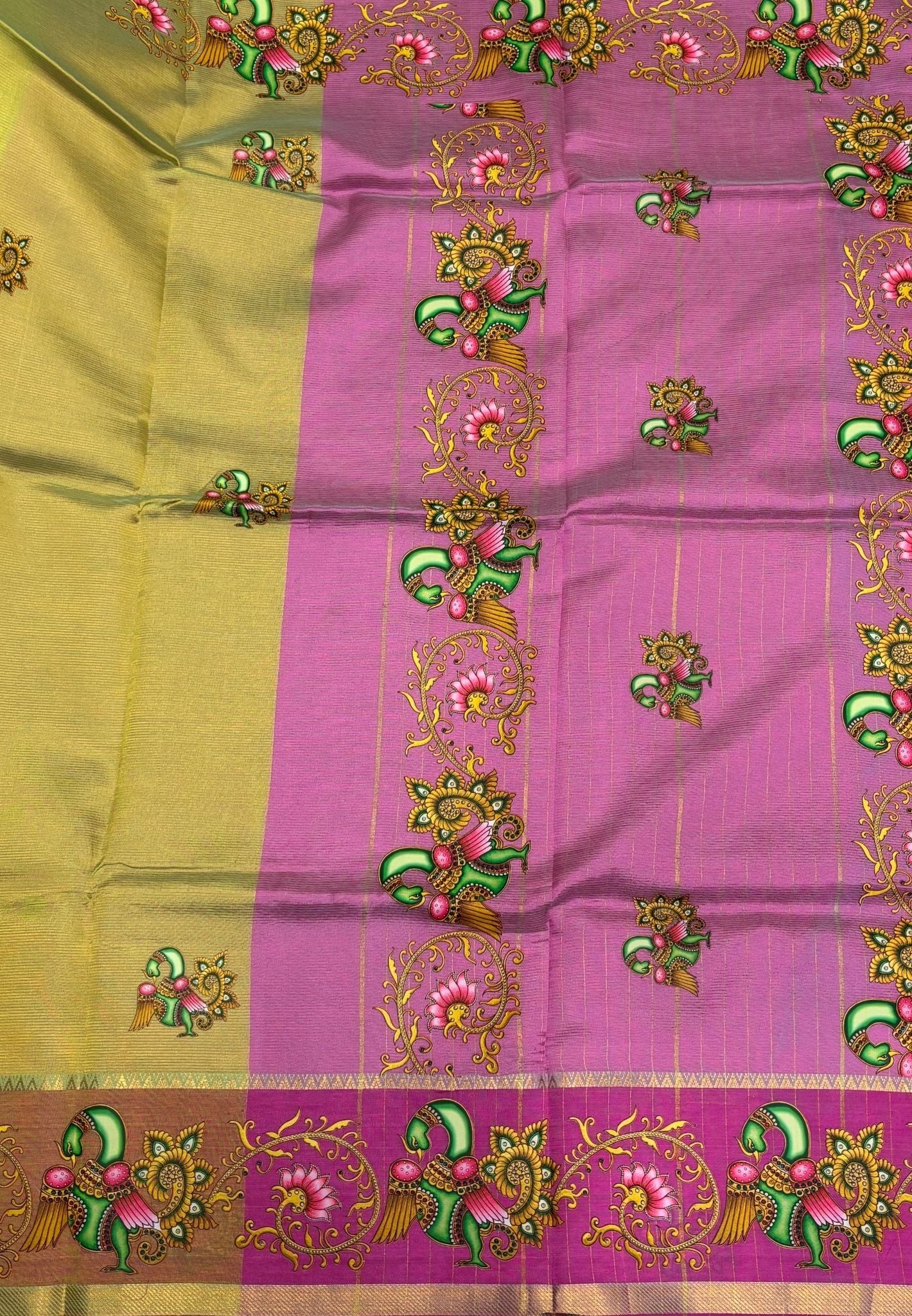 Pure Mangalgiri Silk Saree-Light Green Temple with Tanjore Print