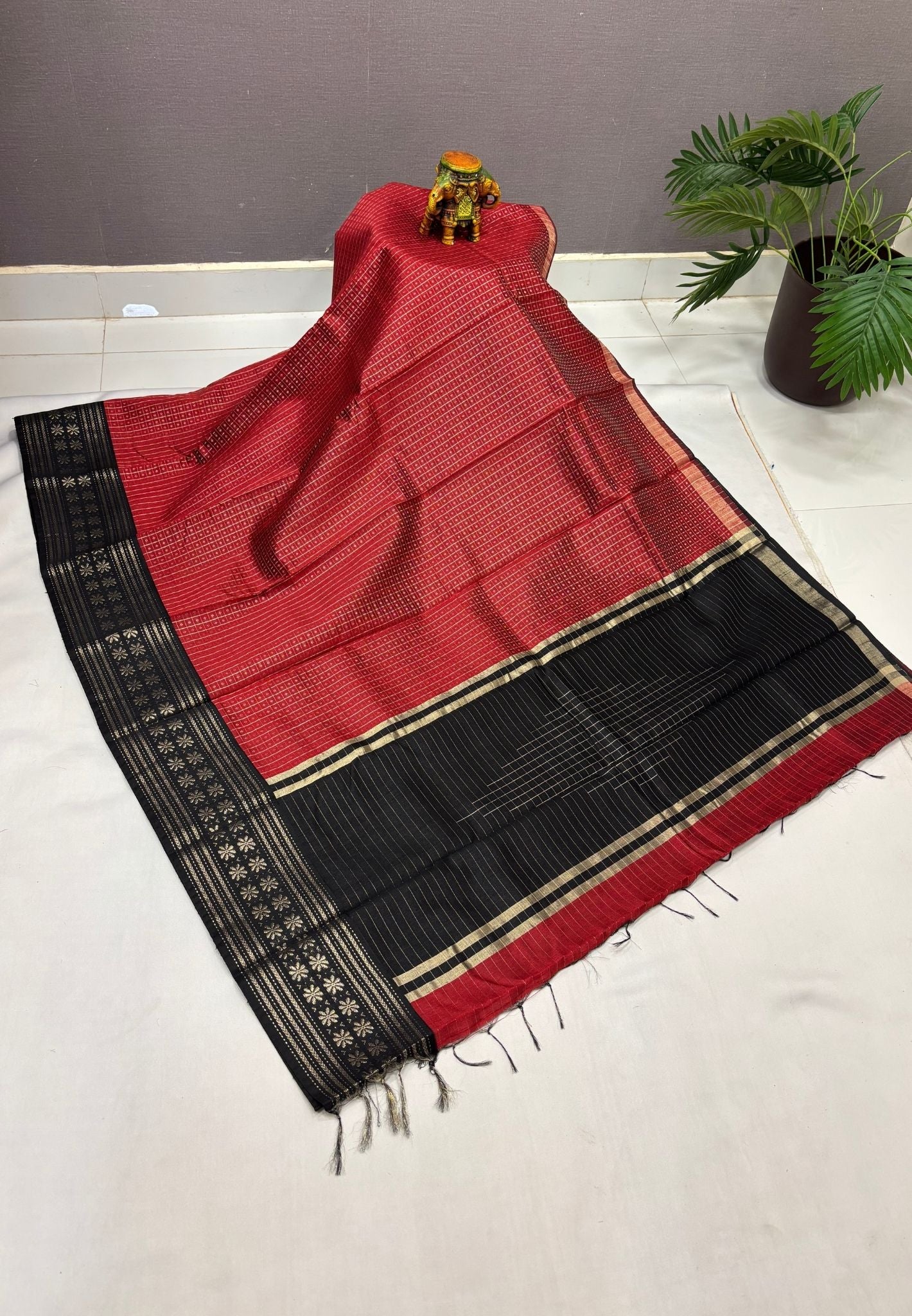 Raw Silk Saree-Maroon in 1000 Butta with Contrast Zari Border
