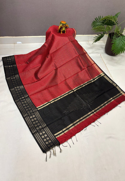 Raw Silk Saree-Maroon in 1000 Butta with Contrast Zari Border