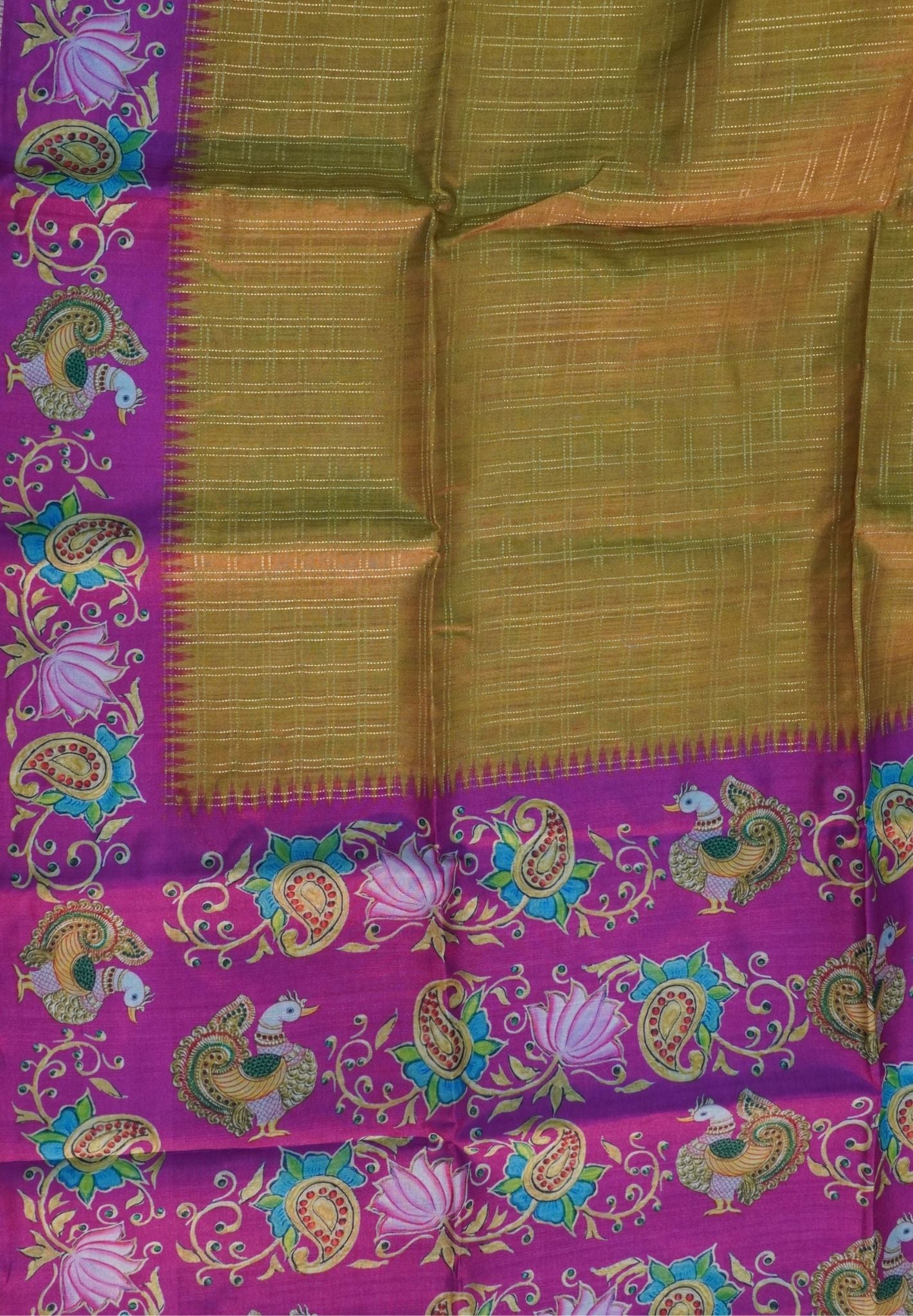 Premium Tussar Saree-Mehandi Green with Contrast Mayil Border