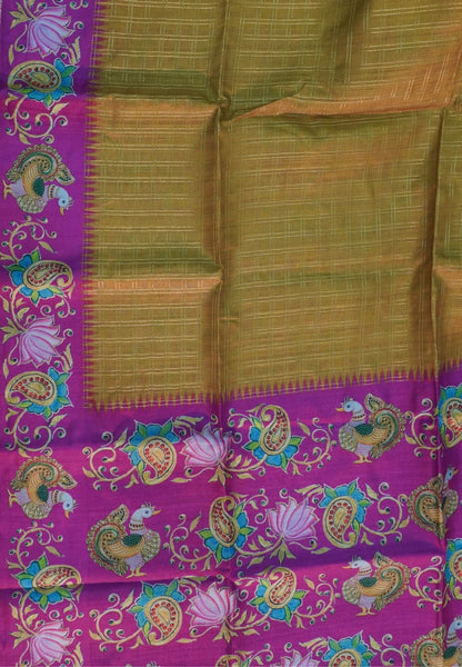 Premium Tussar Saree-Mehandi Green with Contrast Mayil Border