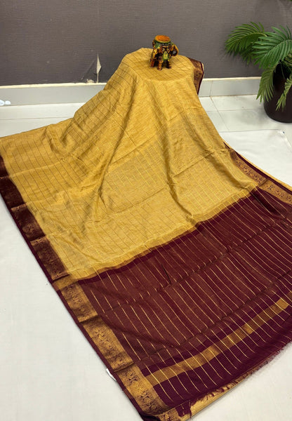 Semi Raw Silk Saree-Beige in Zari Lines with Contrast Annam Border
