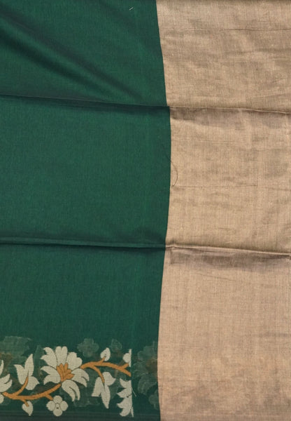 Handloom Cotton Saree-Green Lotus Jamdhani Border