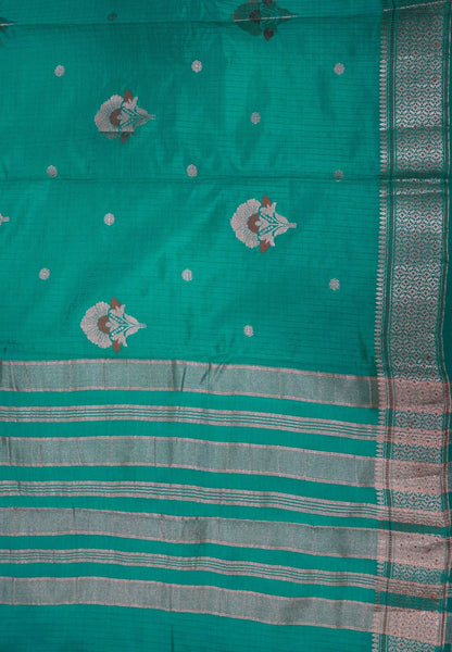 Semi Tussar Saree-Green with Floral Zari Motif