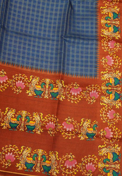 Premium Matka Tussar Saree-Blue with Contrast Border in Tanjore Print