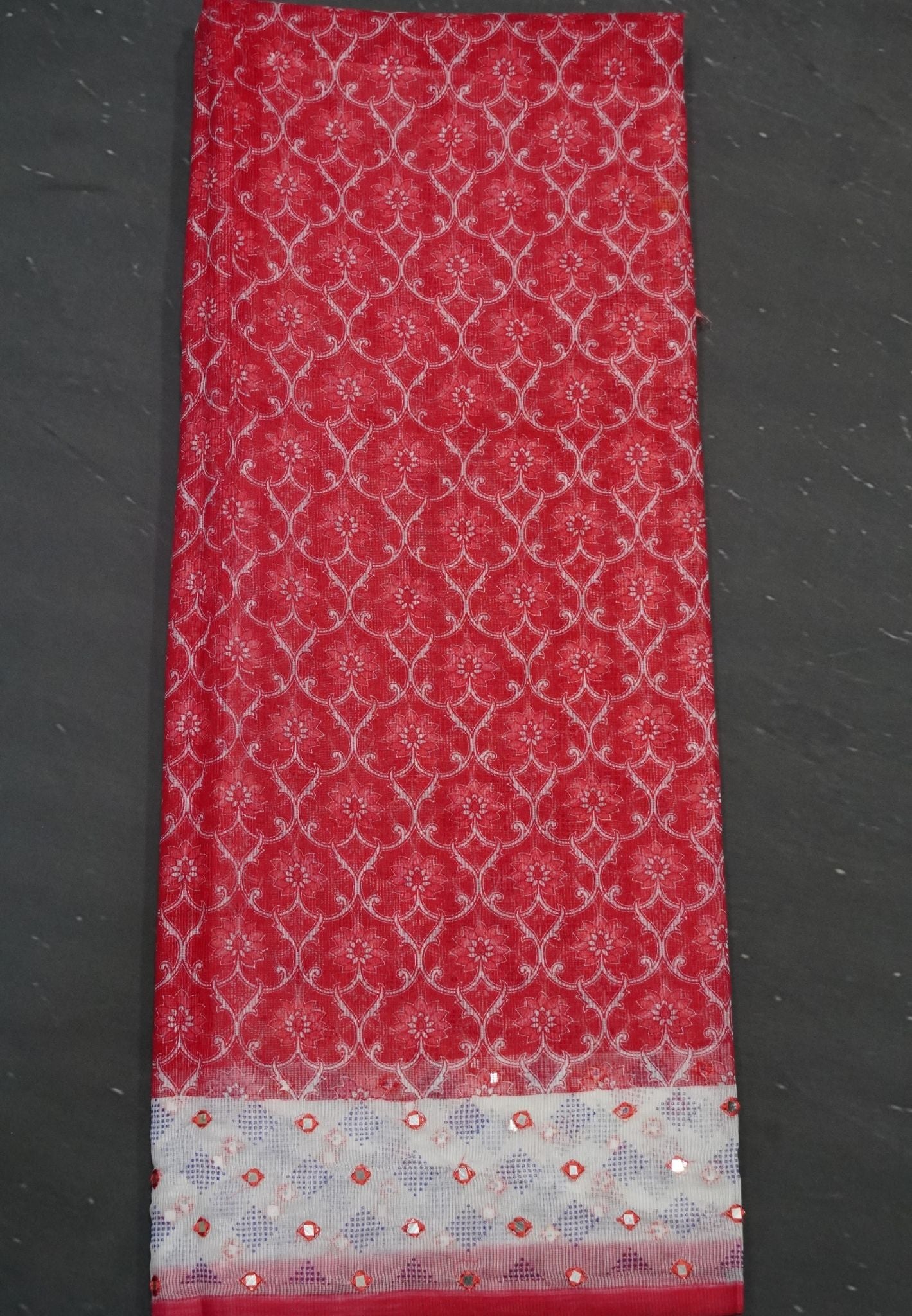Supernet Kota Cotton Saree-Red with Mirror Work