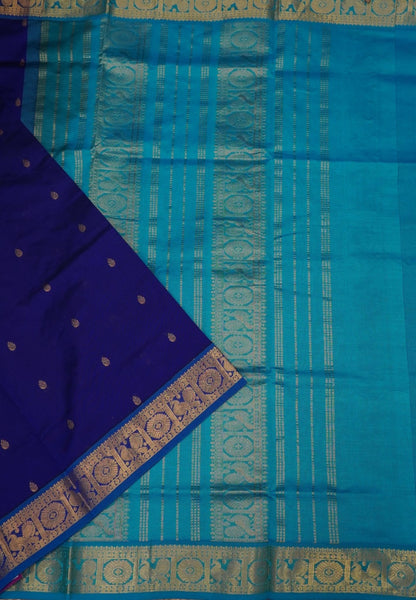 Silk Cotton Saree – MS Blue in Mini Buttas with Contrast Border