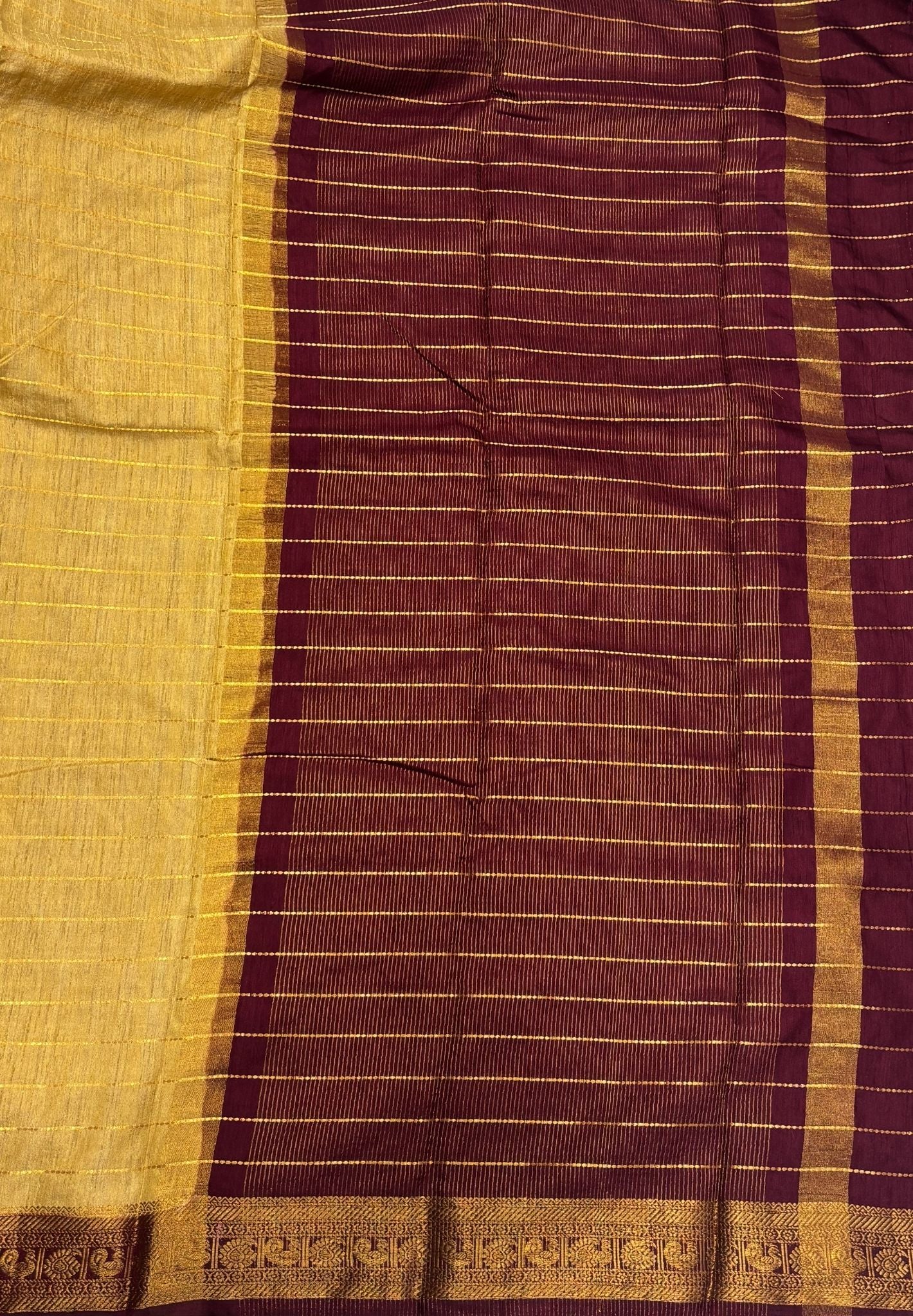 Semi Raw Silk Saree-Beige in Zari Lines with Contrast Annam Border