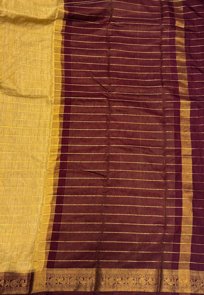 Semi Raw Silk Saree-Beige in Zari Lines with Contrast Annam Border