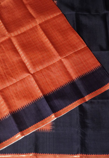 Semi Matka Tussar Saree-Orange with Contrast Border and Zari Checks