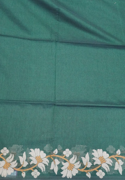 Handloom Cotton Saree-Green Lotus Jamdhani Border