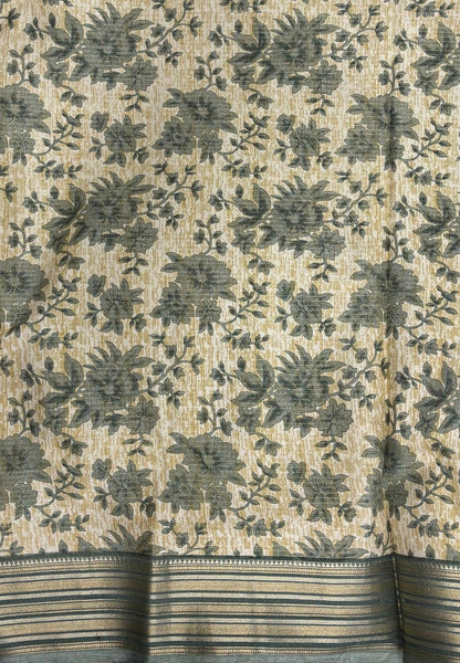 Muslin Tussar Saree-Blue In Floral Vine Border