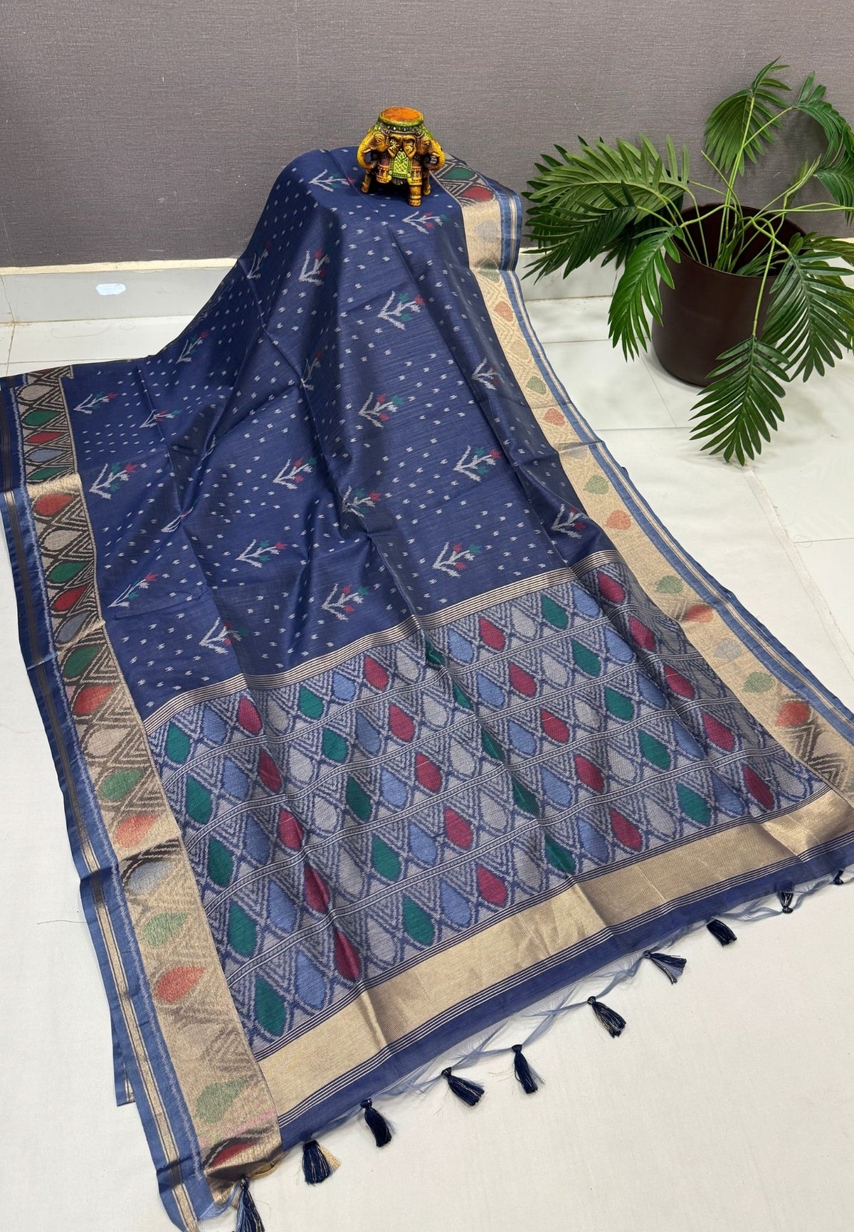 Semi Tussar Saree-Navy Blue In Geometric Ikat Butta Zari Border