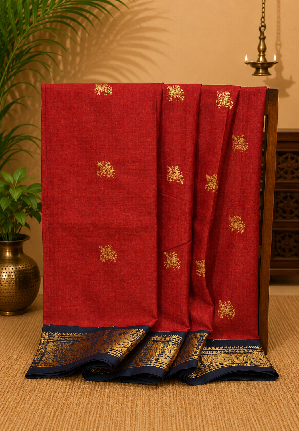 Chettinad Cotton Saree–Brick Red with Elephant Zari Border