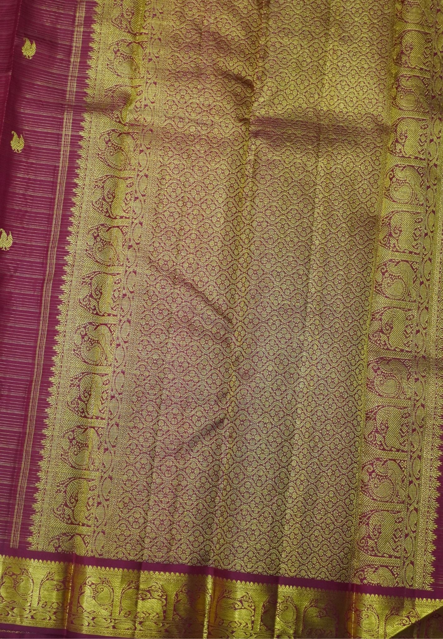 Pure Kanchipuram Silk Saree-Red Vairaoosi with Peacock Butta and Border
