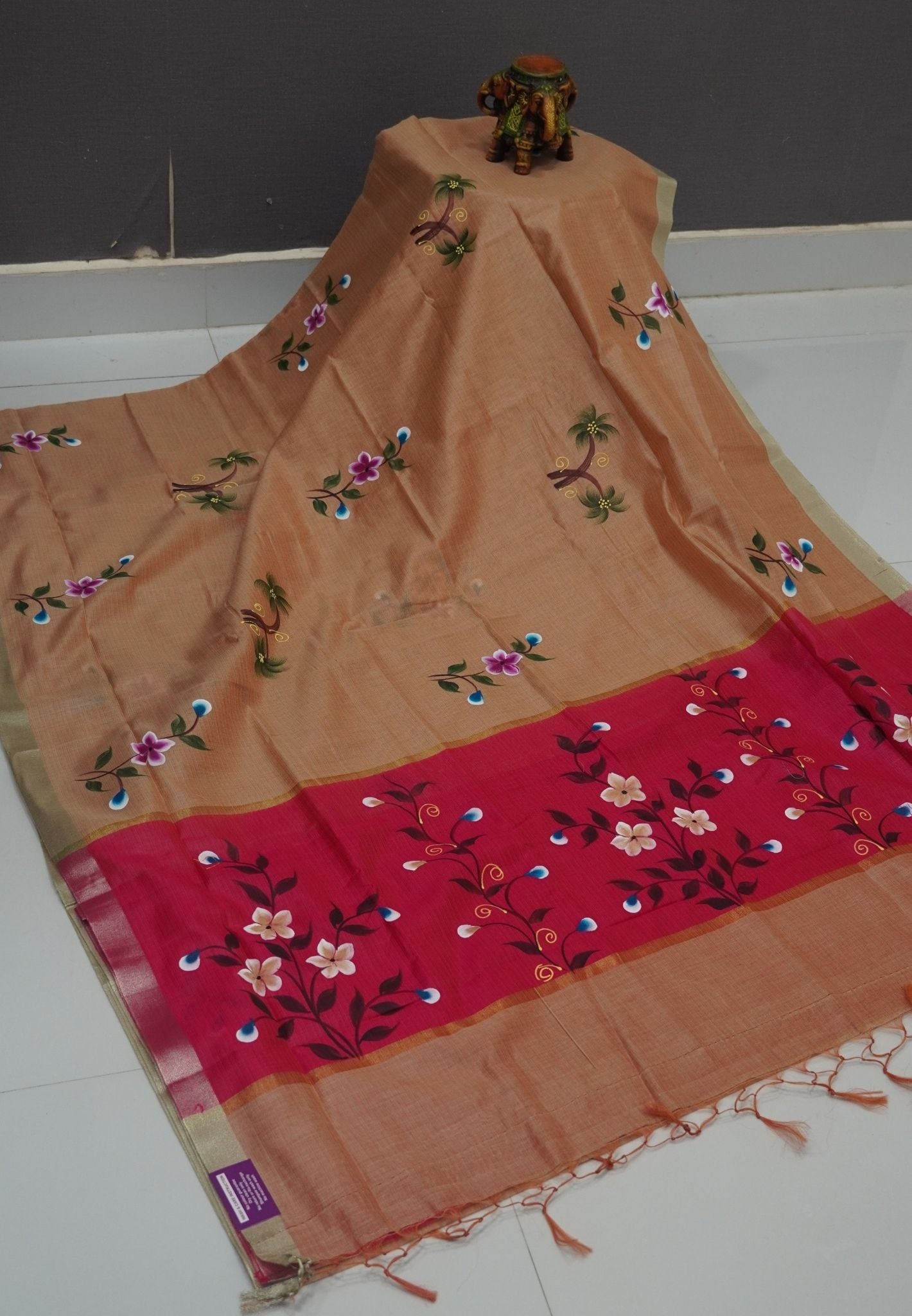 Cora Linen Saree-Beige with Hand Painted Floral Motifs